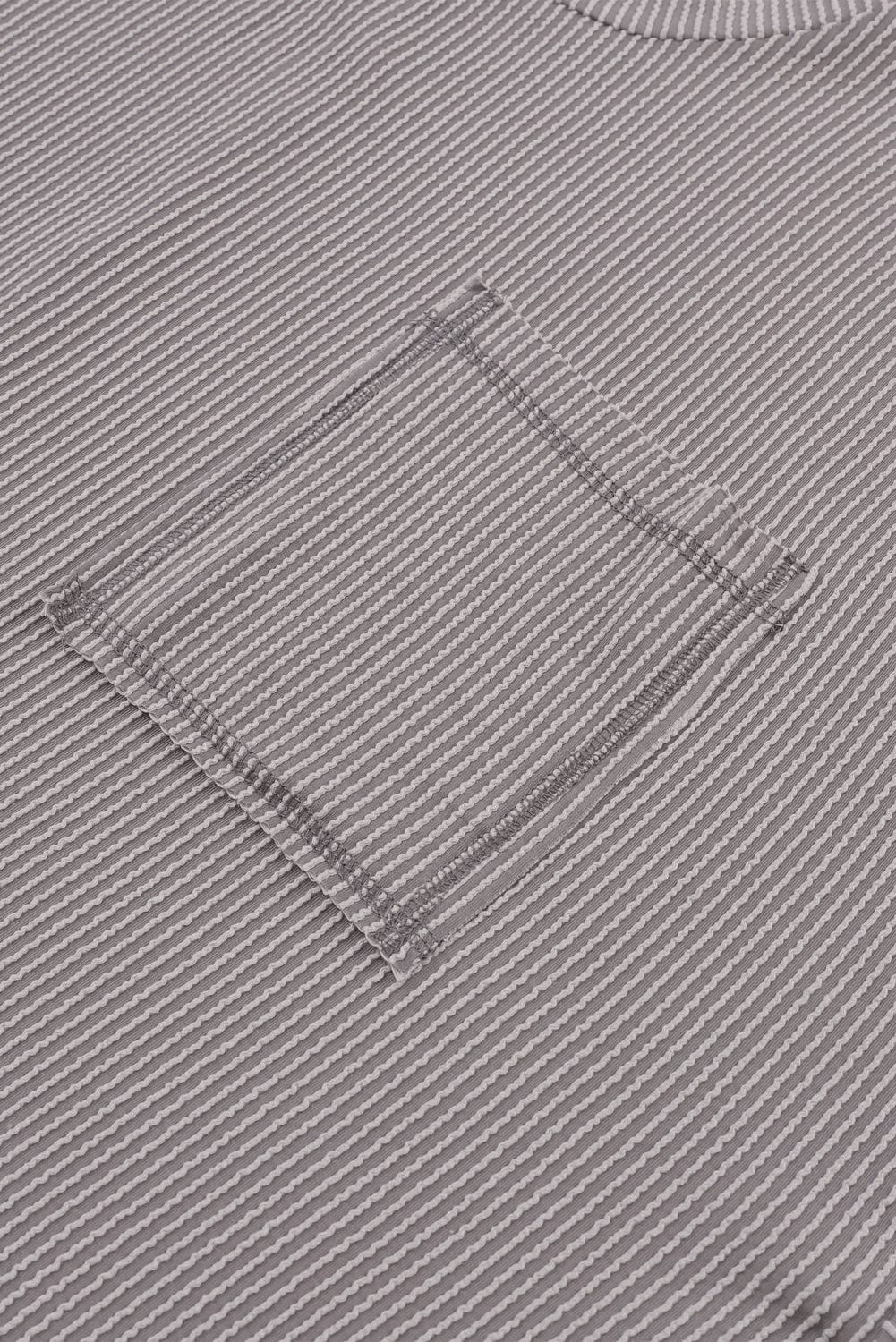 Gray Ribbed Oversized Top with Roll-tab Sleeves and Chest Pocket