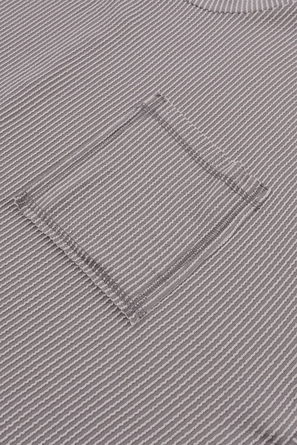 Gray Ribbed Oversized Top with Roll-tab Sleeves and Chest Pocket