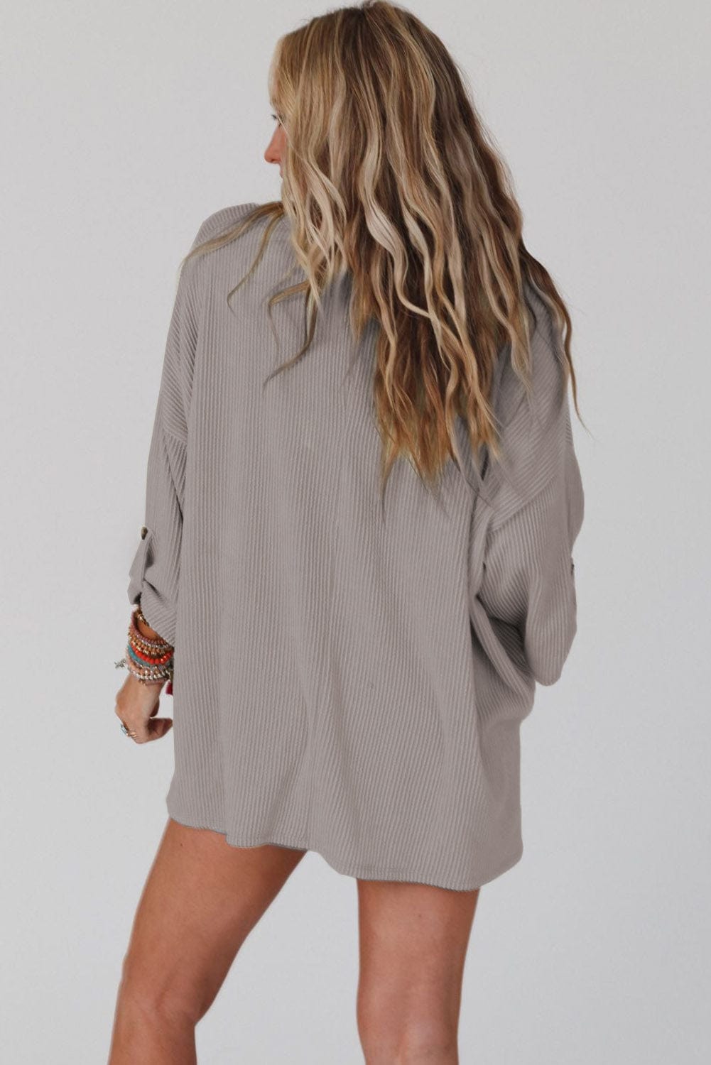 Gray Ribbed Oversized Top with Roll-tab Sleeves and Chest Pocket