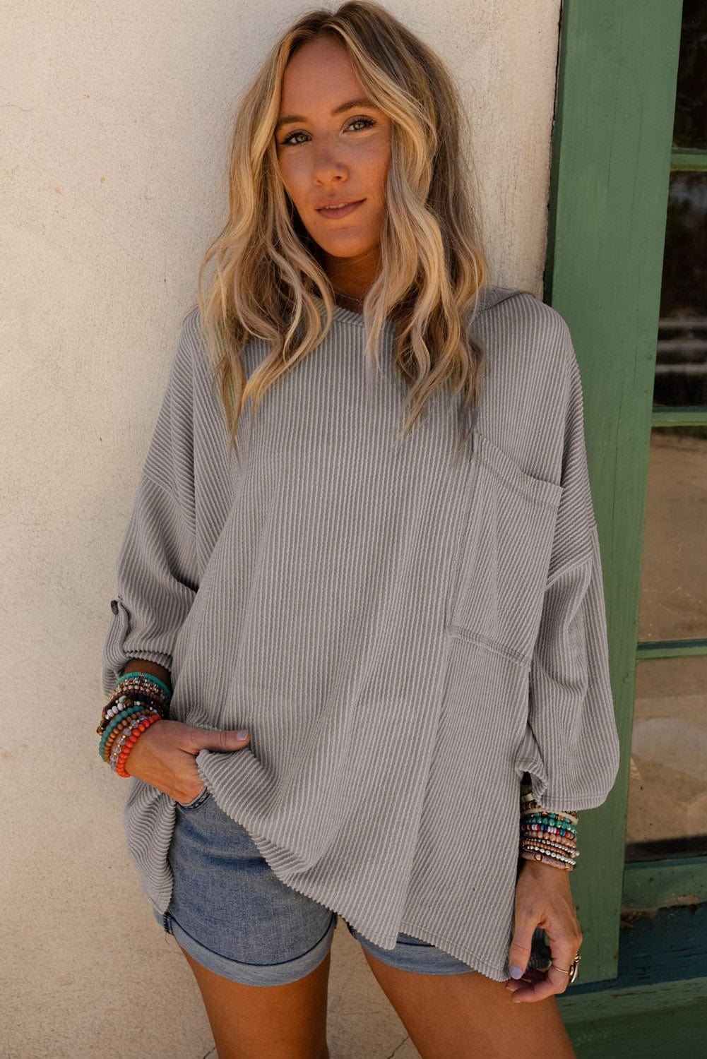Gray Ribbed Oversized Top with Roll-tab Sleeves and Chest Pocket