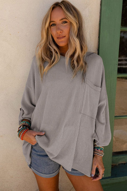 Gray Ribbed Oversized Top with Roll-tab Sleeves and Chest Pocket
