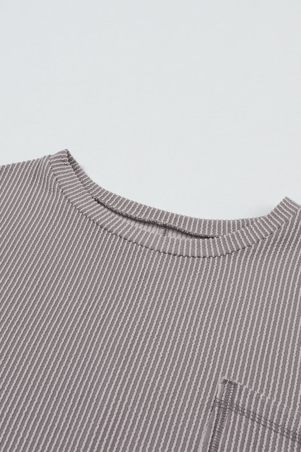 Gray Ribbed Oversized Top with Roll-tab Sleeves and Chest Pocket