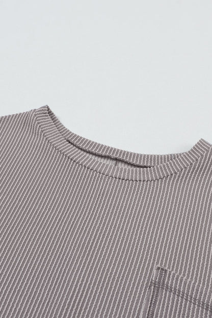 Gray Ribbed Oversized Top with Roll-tab Sleeves and Chest Pocket