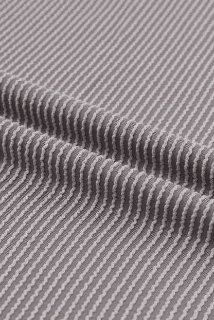 Gray Ribbed Oversized Top with Roll-tab Sleeves and Chest Pocket