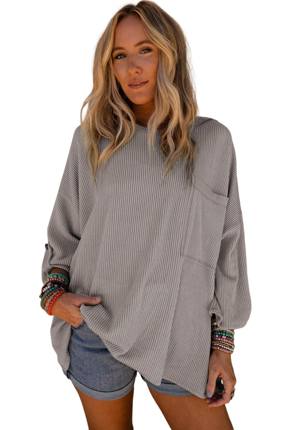 Gray Ribbed Oversized Top with Roll-tab Sleeves and Chest Pocket
