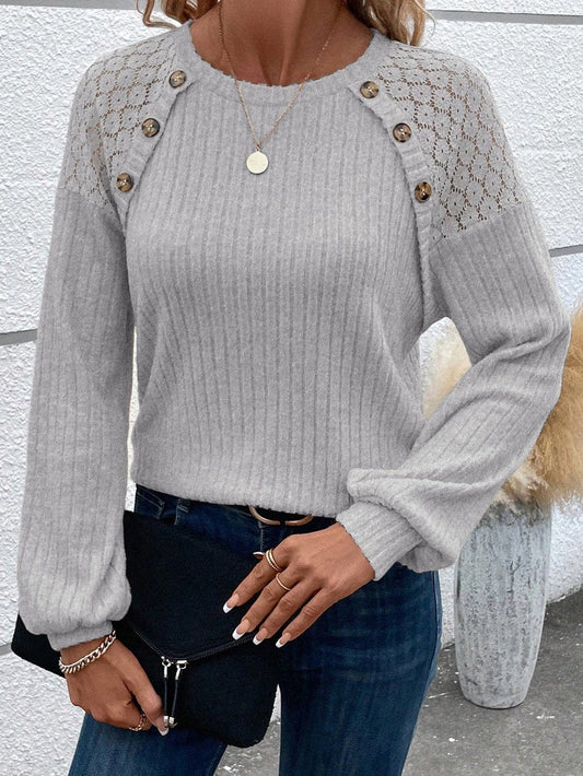 Gray Ribbed Top with Lace Raglan Sleeves and Button Detail