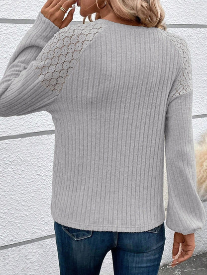 Gray Ribbed Top with Lace Raglan Sleeves and Button Detail