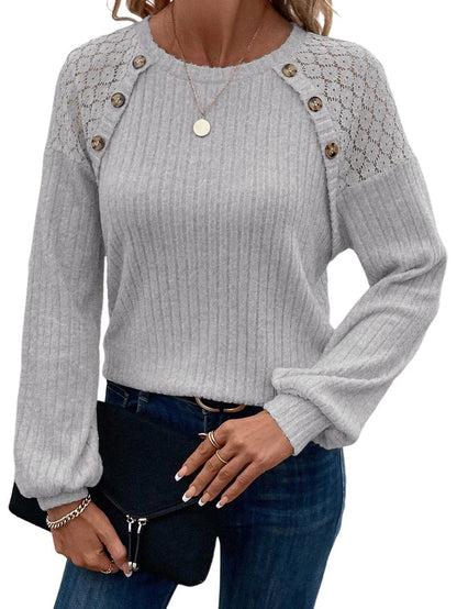 Gray Ribbed Top with Lace Raglan Sleeves and Button Detail