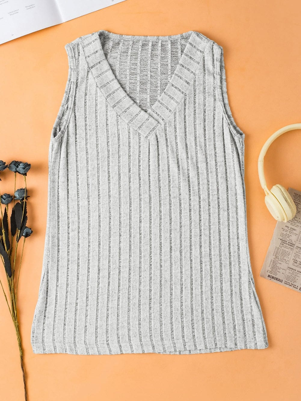 Gray Ribbed V-Neck Tank Top with Wide Texture