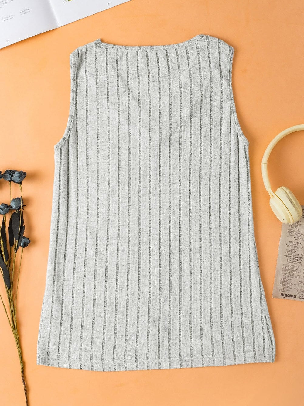 Gray Ribbed V-Neck Tank Top with Wide Texture