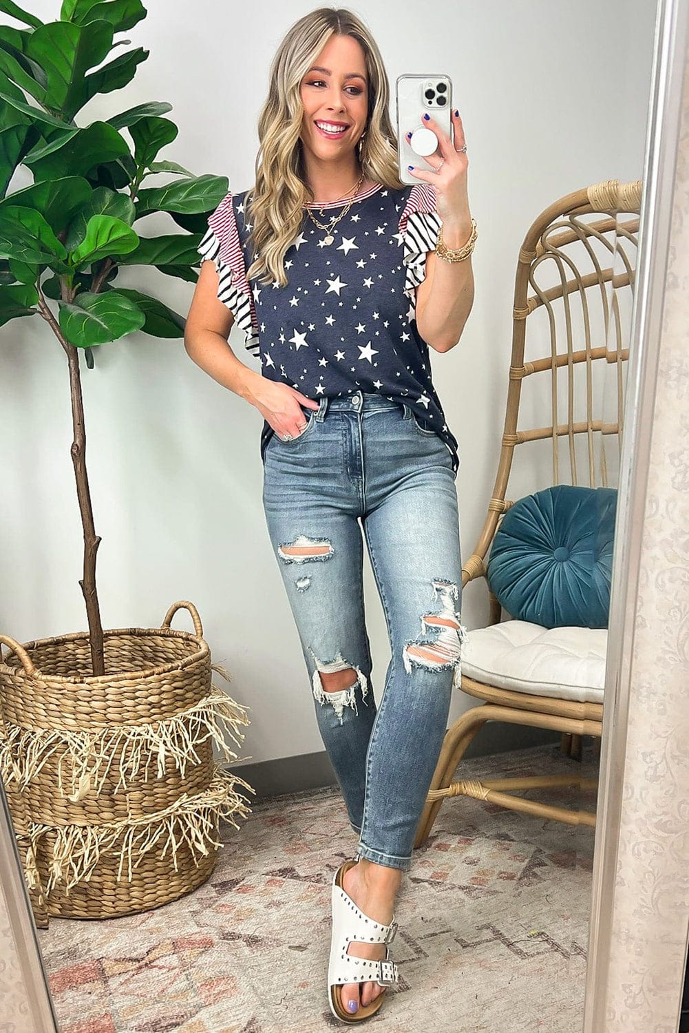 Gray Starry Belle Ruffled Tee with Stripes