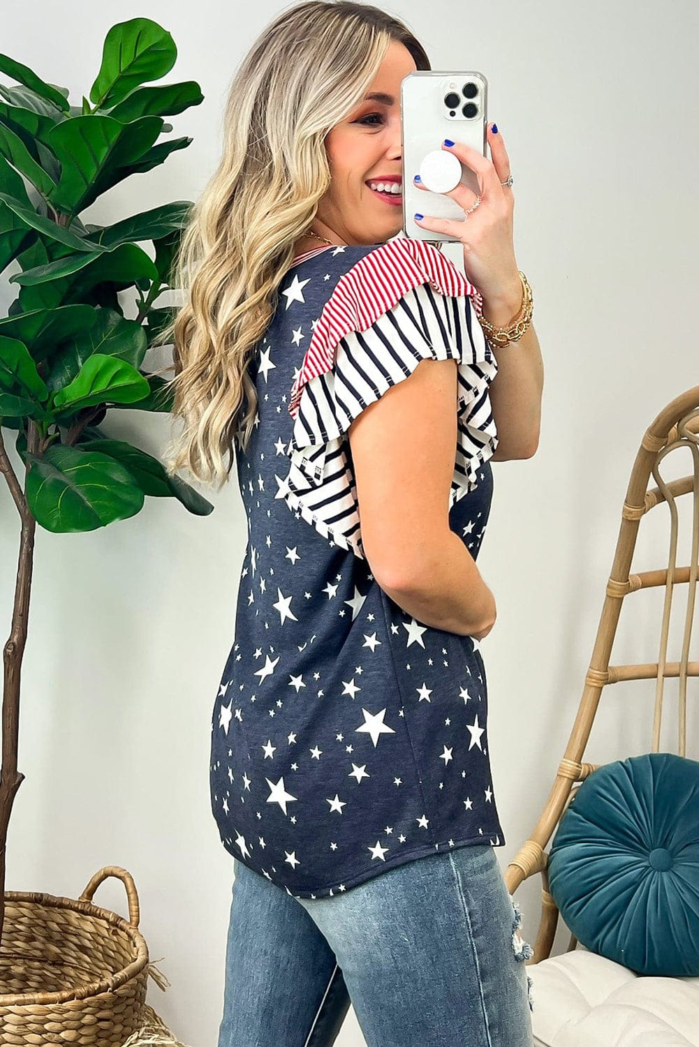 Gray Starry Belle Ruffled Tee with Stripes