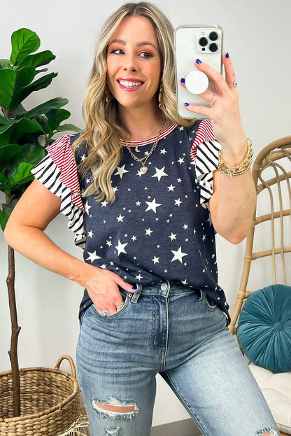Gray Starry Belle Ruffled Tee with Stripes