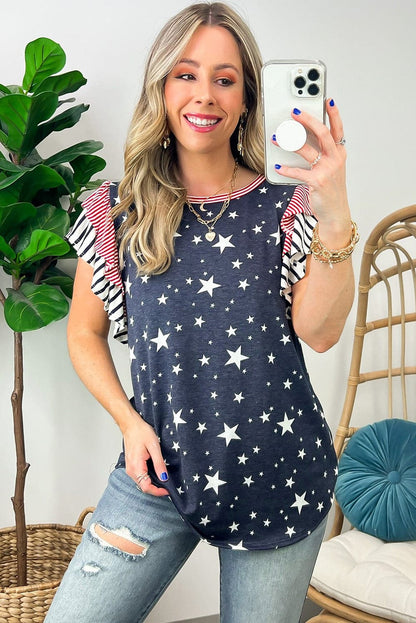 Gray Starry Belle Ruffled Tee with Stripes