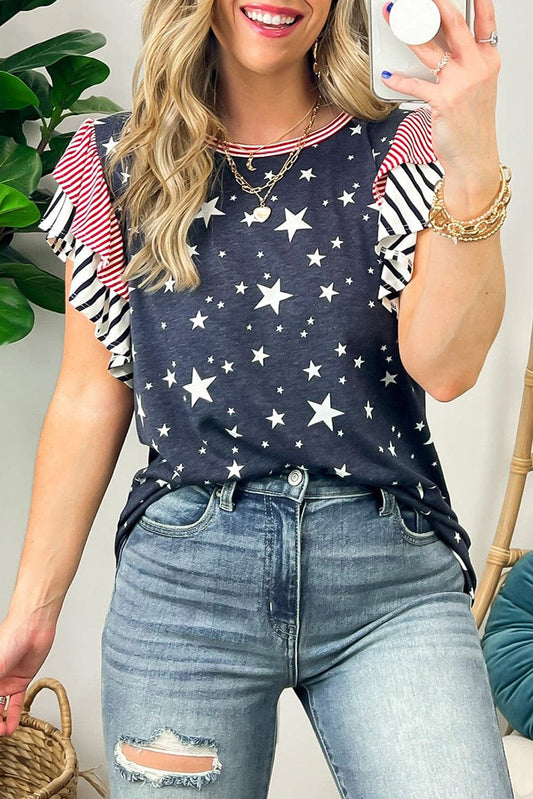 Gray Starry Belle Ruffled Tee with Stripes