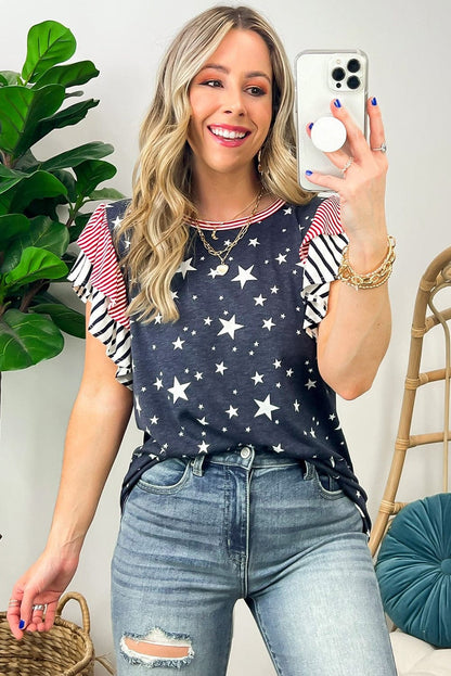 Gray Starry Belle Ruffled Tee with Stripes