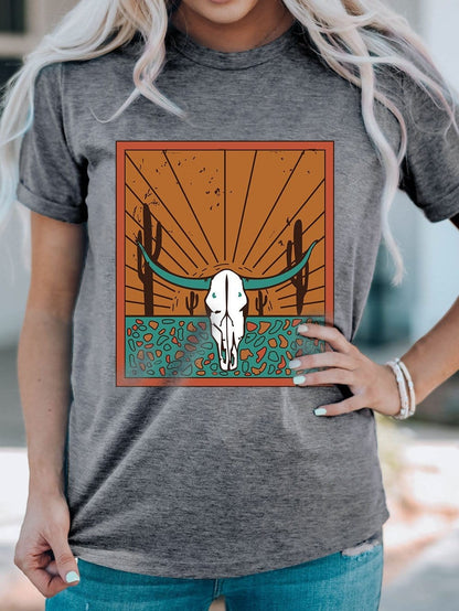 Gray Steer Skull Graphic Print Casual Crew Neck T-Shirt