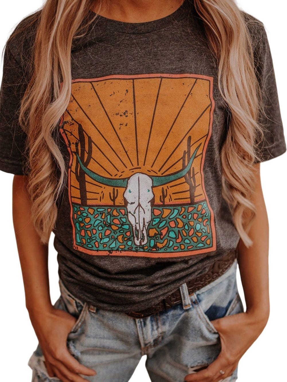 Gray Steer Skull Graphic Print Casual Crew Neck T-Shirt