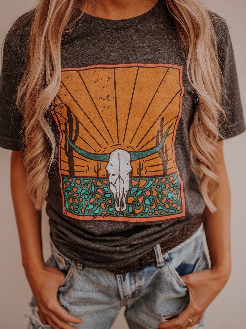 Gray Steer Skull Graphic Print Casual Crew Neck T-Shirt