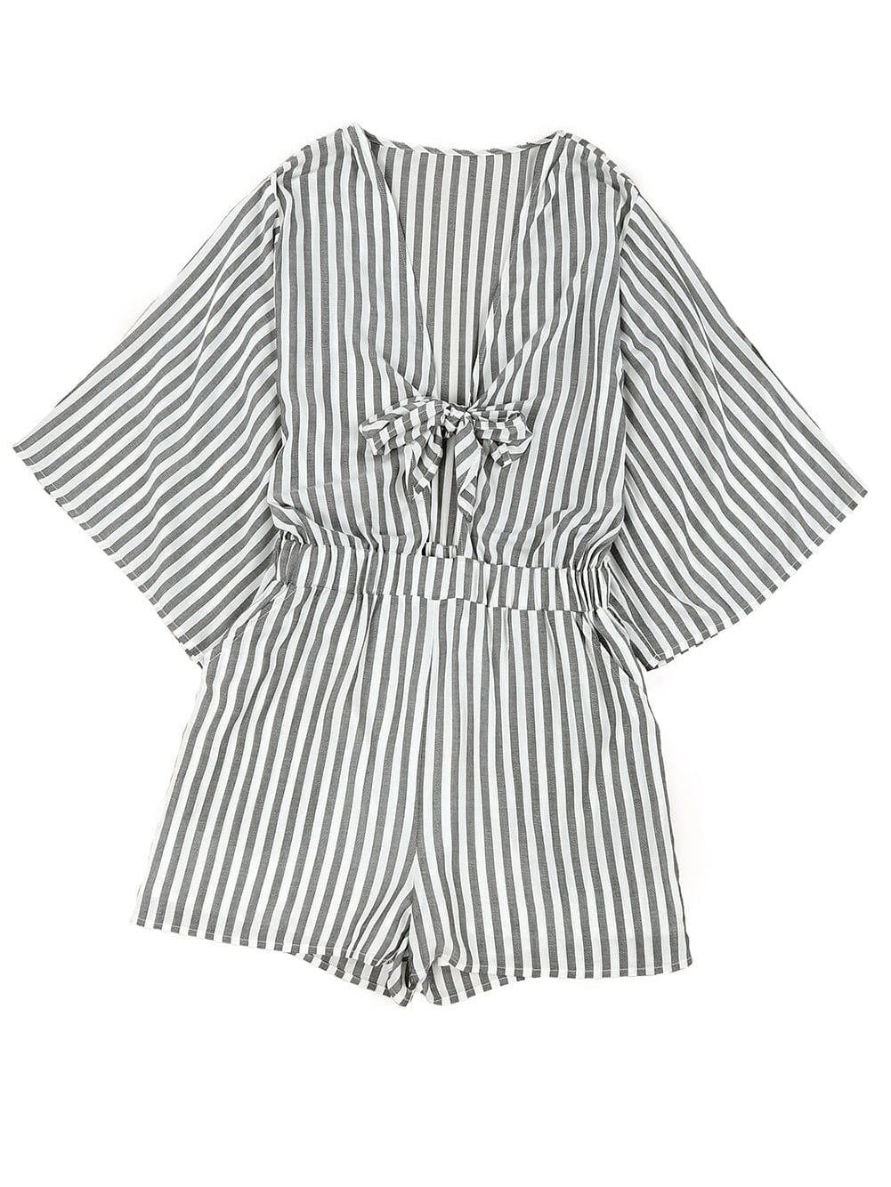 Gray Striped Kimono Sleeve Romper with Tie Front and Pockets