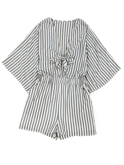 Gray Striped Kimono Sleeve Romper with Tie Front and Pockets