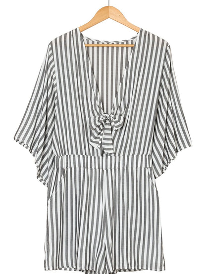 Gray Striped Kimono Sleeve Romper with Tie Front and Pockets