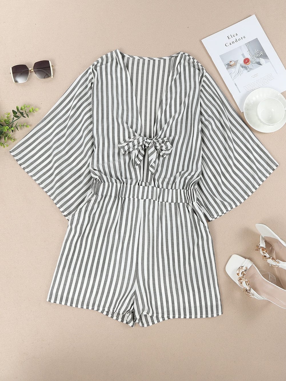 Gray Striped Kimono Sleeve Romper with Tie Front and Pockets