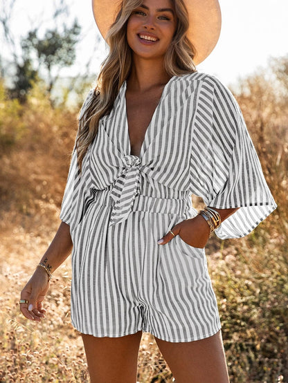 Gray Striped Kimono Sleeve Romper with Tie Front and Pockets