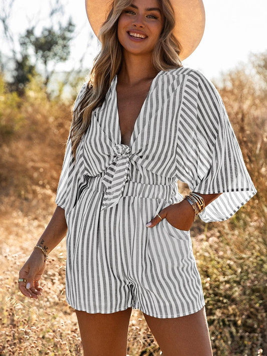 Gray Striped Kimono Sleeve Romper with Tie Front and Pockets