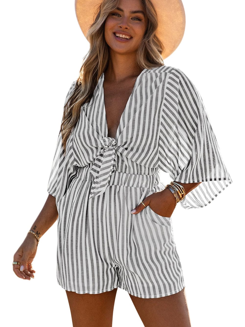 Gray Striped Kimono Sleeve Romper with Tie Front and Pockets
