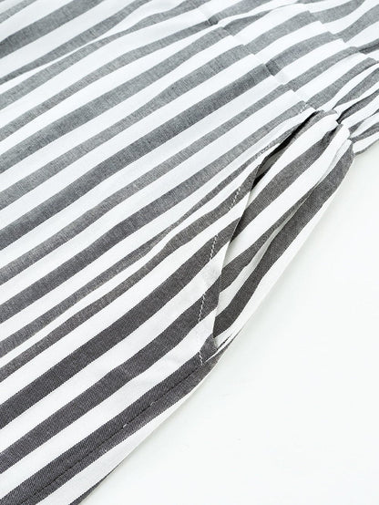 Gray Striped Kimono Sleeve Romper with Tie Front and Pockets