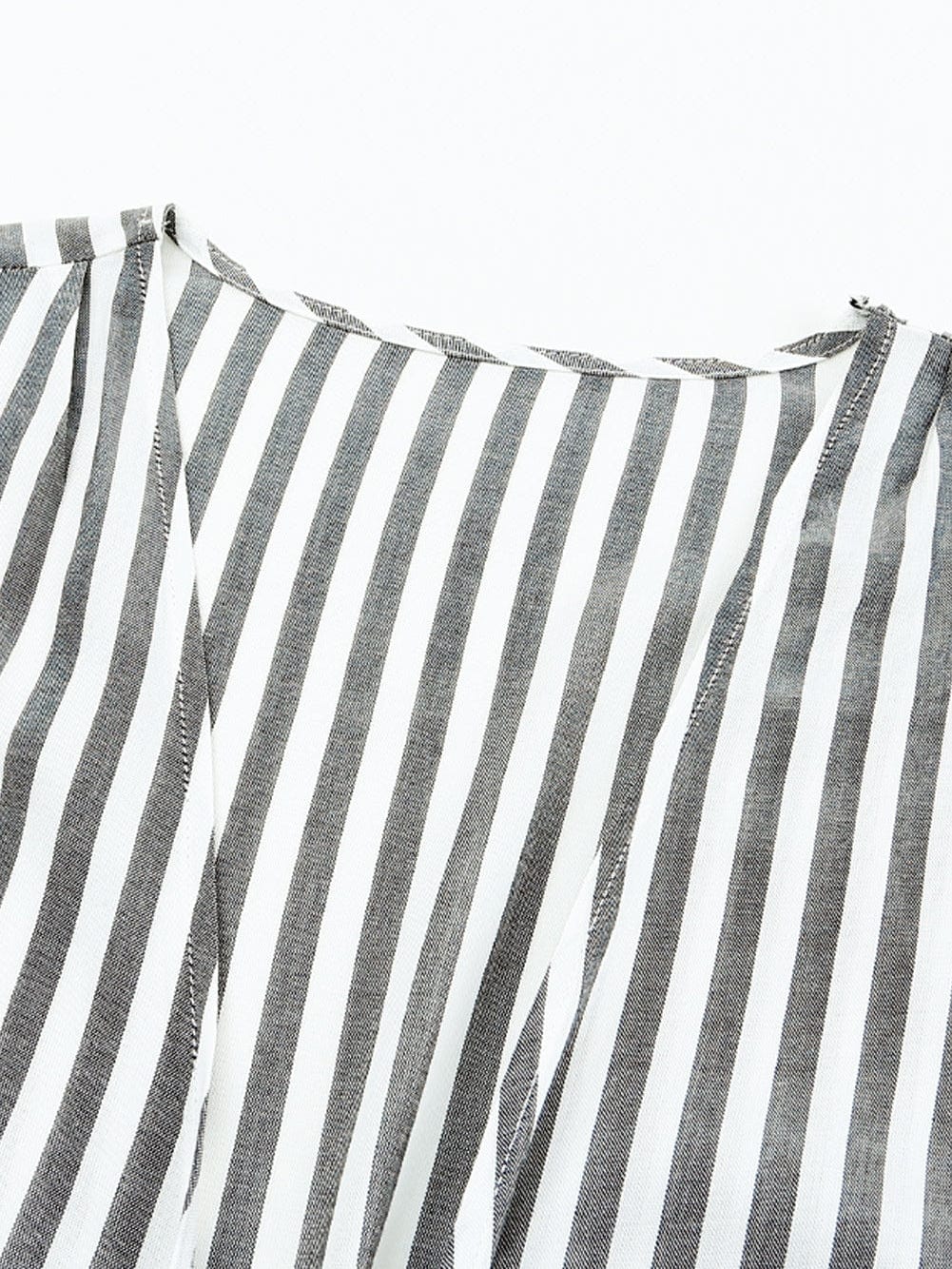 Gray Striped Kimono Sleeve Romper with Tie Front and Pockets