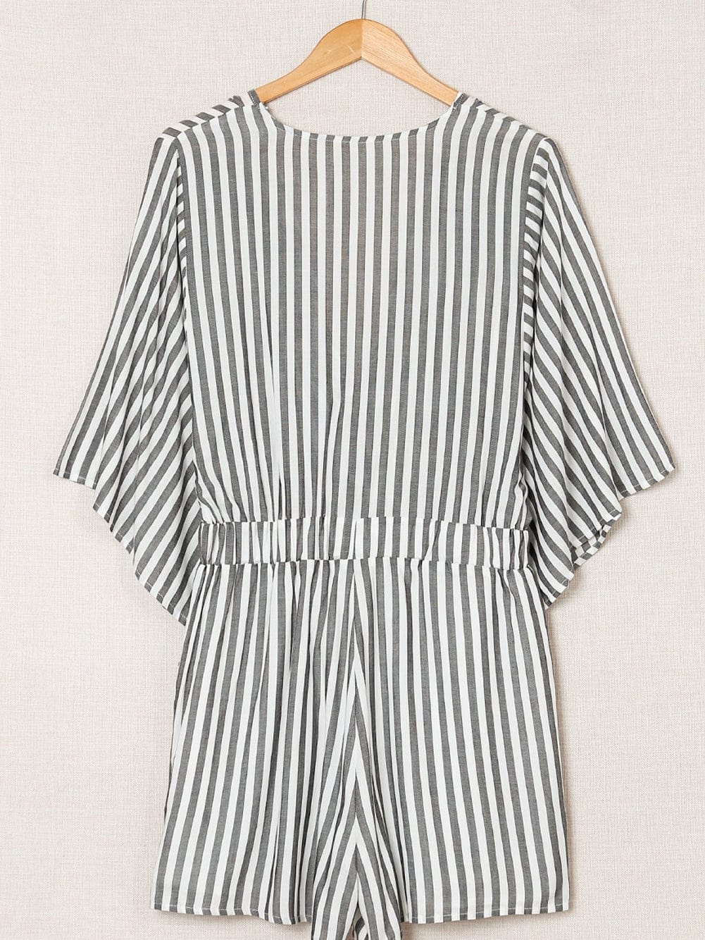 Gray Striped Kimono Sleeve Romper with Tie Front and Pockets