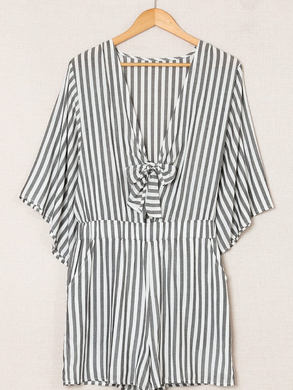 Gray Striped Kimono Sleeve Romper with Tie Front and Pockets