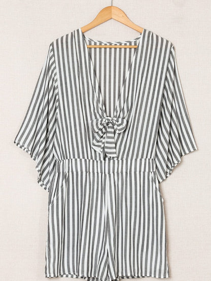 Gray Striped Kimono Sleeve Romper with Tie Front and Pockets