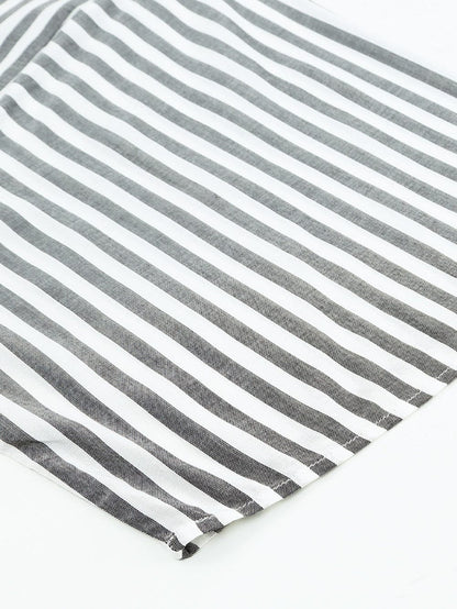 Gray Striped Kimono Sleeve Romper with Tie Front and Pockets