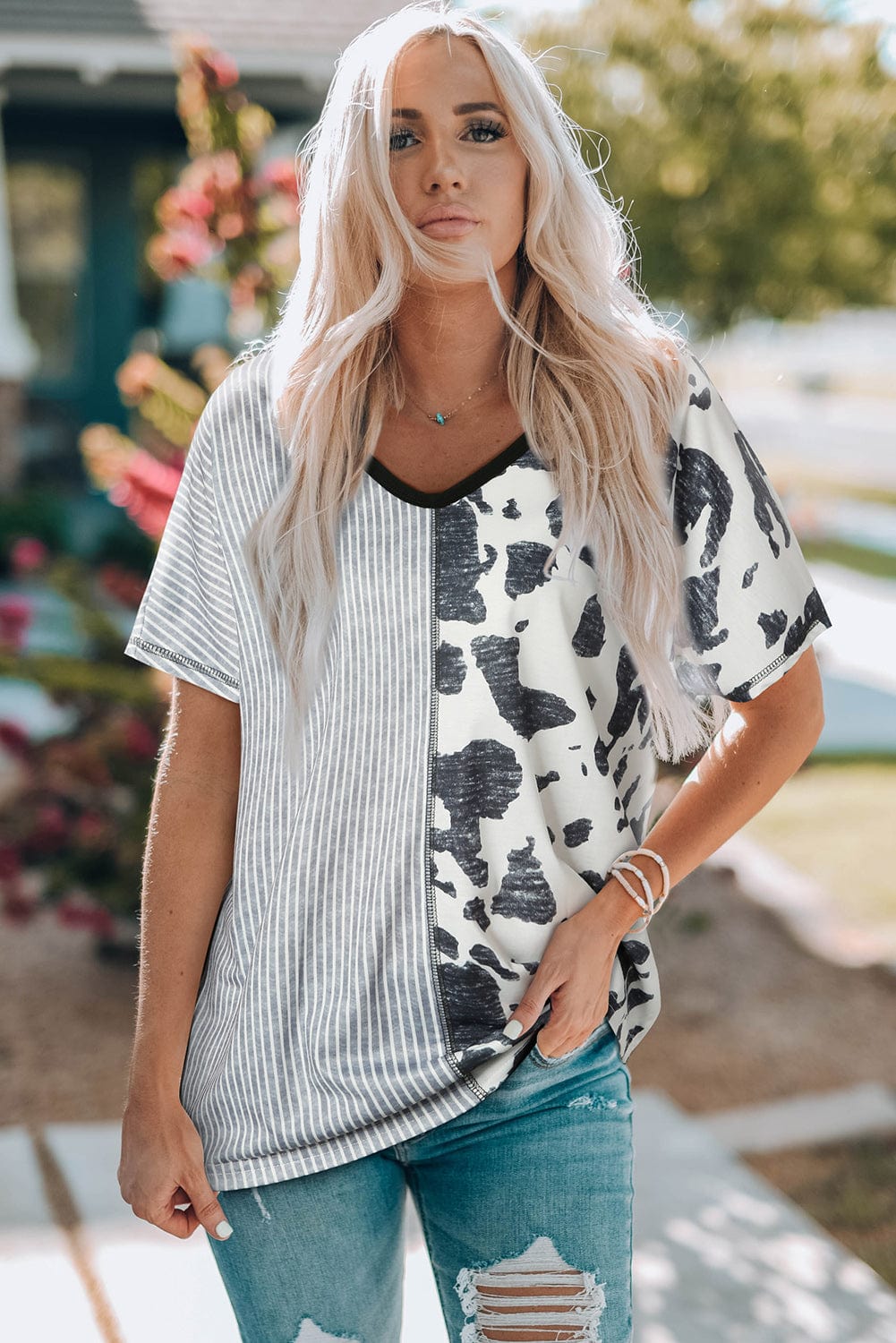 Gray Stripes & Cow Print Contrast V Neck T-Shirt