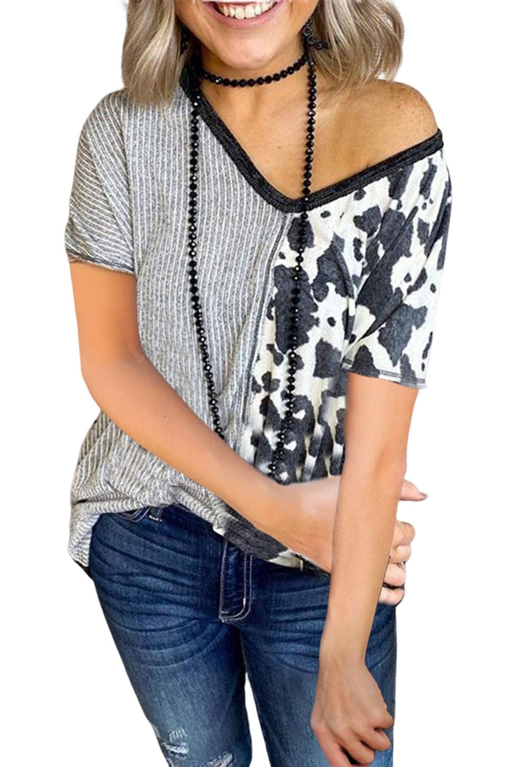 Gray Stripes & Cow Print Contrast V Neck T-Shirt