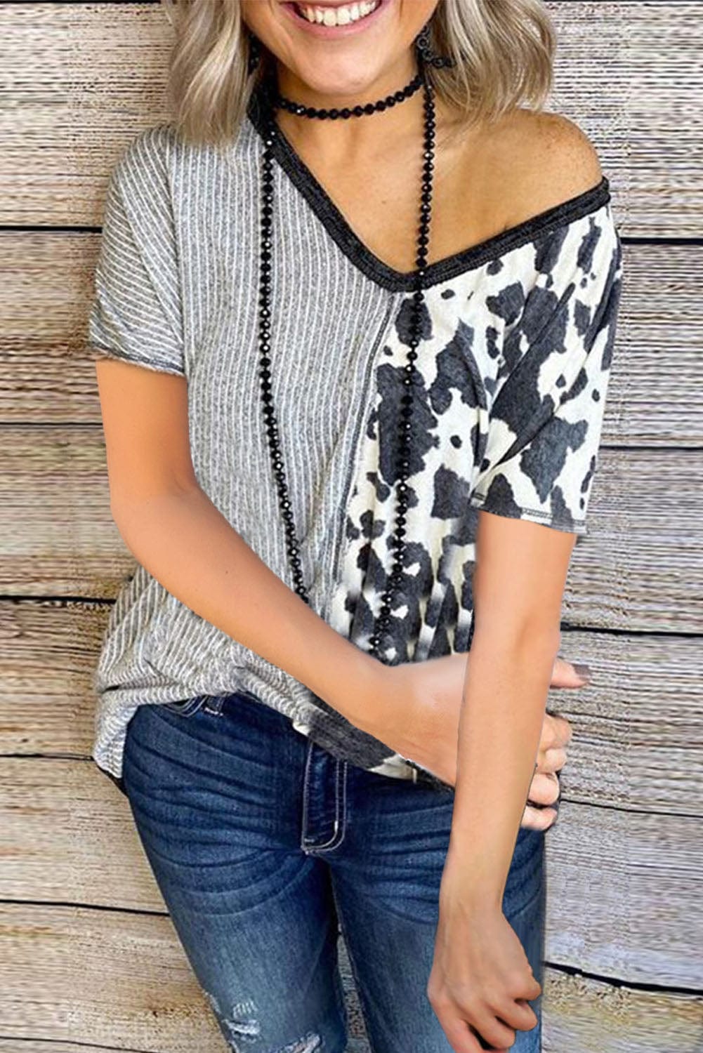Gray Stripes & Cow Print Contrast V Neck T-Shirt