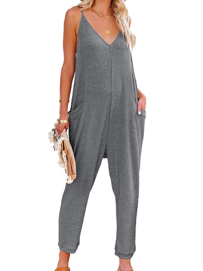 Gray Textured Sleeveless V-Neck Pocketed Casual Jumpsuit