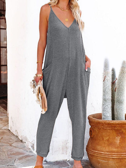 Gray Textured Sleeveless V-Neck Pocketed Casual Jumpsuit