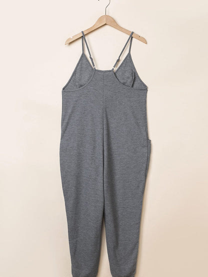 Gray Textured Sleeveless V-Neck Pocketed Casual Jumpsuit