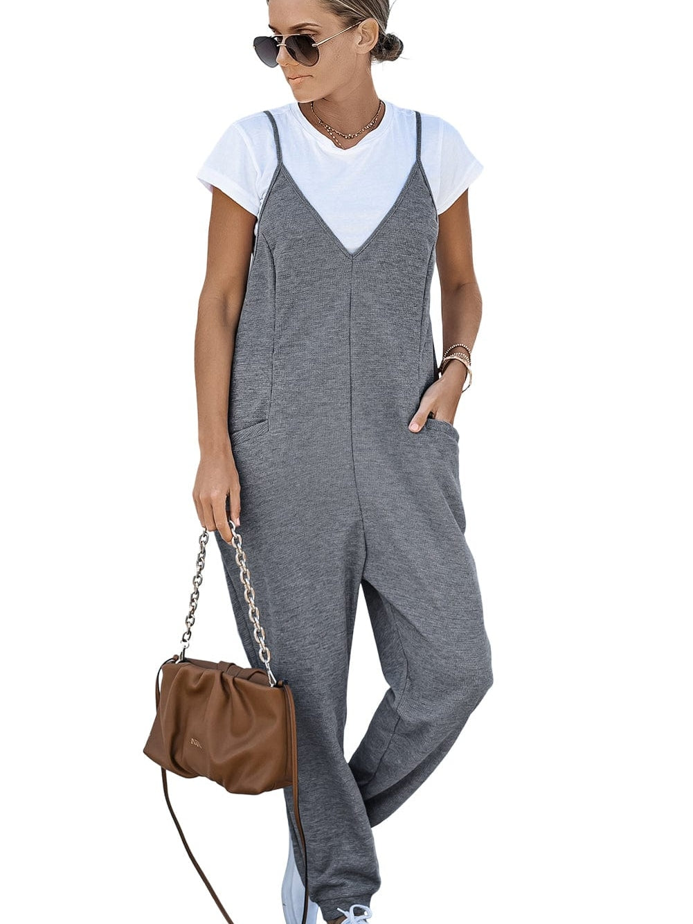 Gray Textured Sleeveless V-Neck Pocketed Casual Jumpsuit