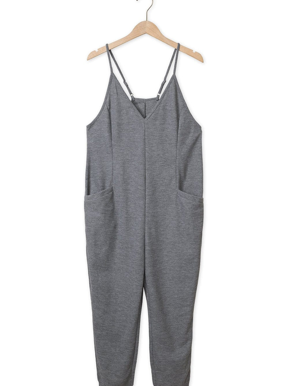Gray Textured Sleeveless V-Neck Pocketed Casual Jumpsuit