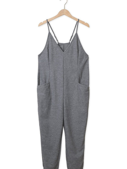 Gray Textured Sleeveless V-Neck Pocketed Casual Jumpsuit