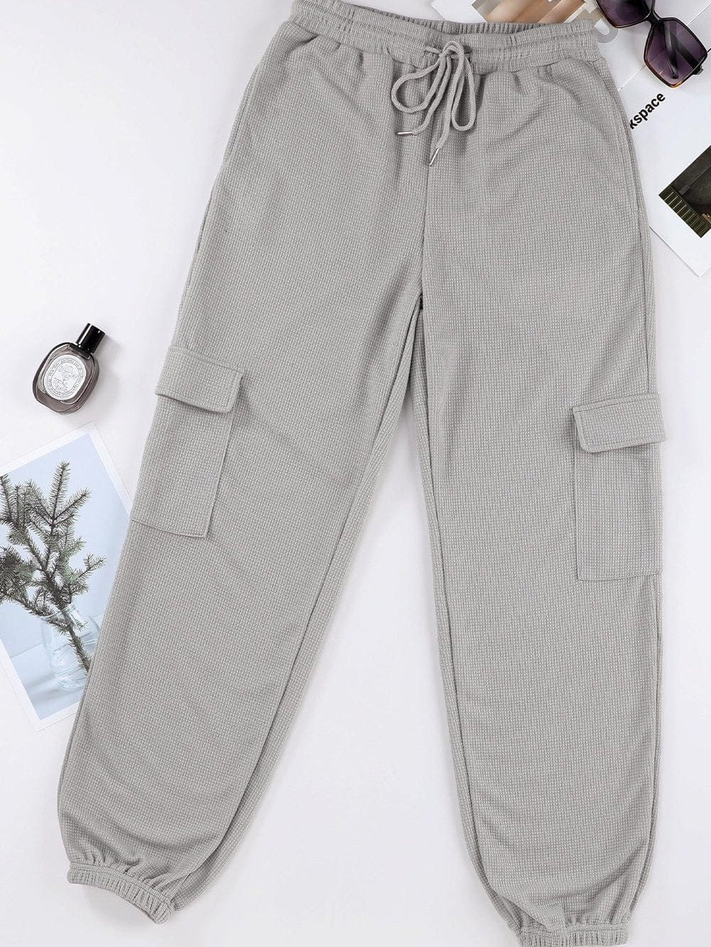 Gray Waffle Texture Cargo Pocket Jogger Pants