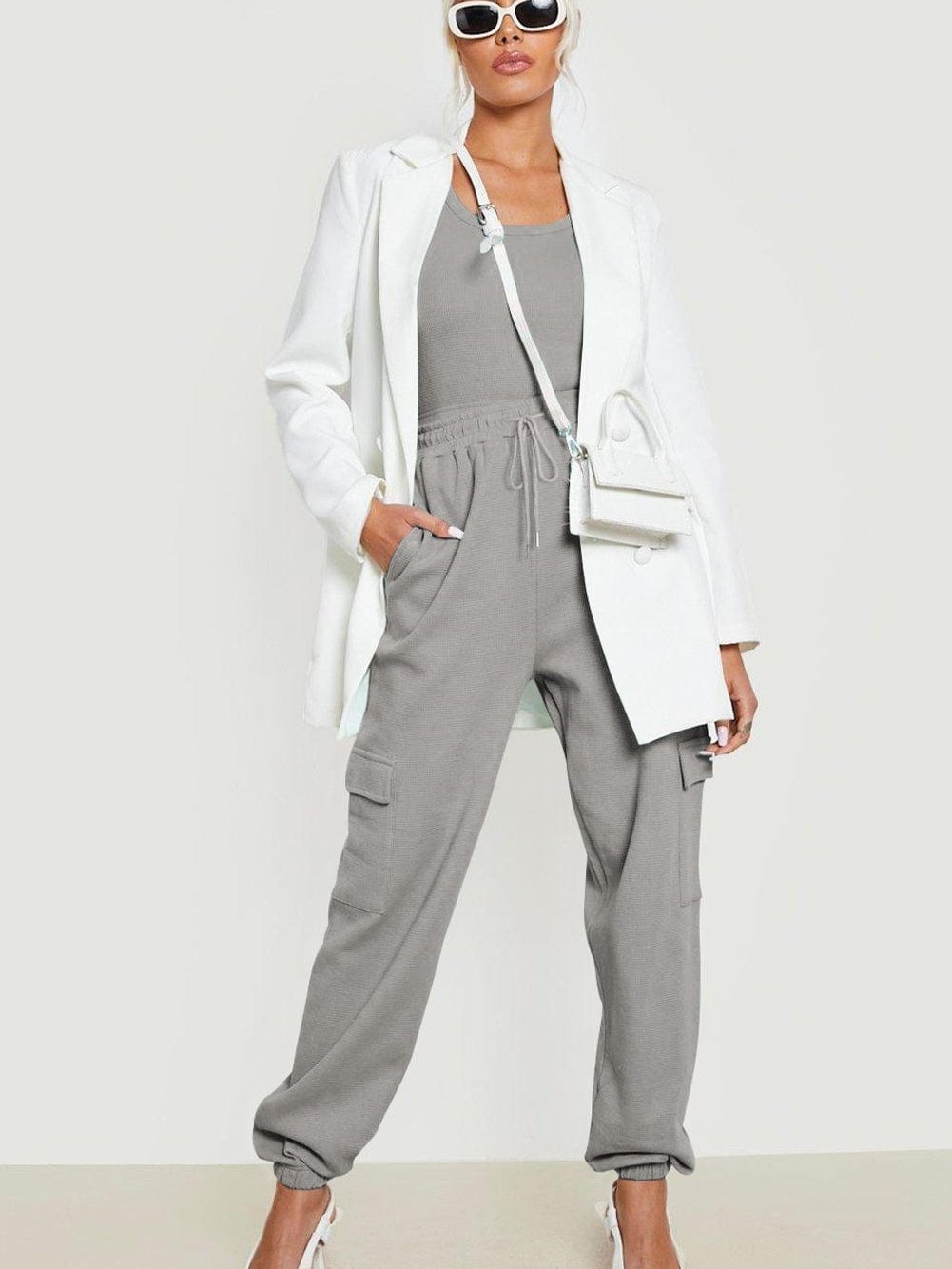 Gray Waffle Texture Cargo Pocket Jogger Pants