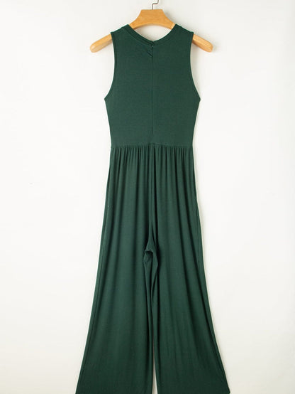 Green A-Line Cinched Waist Sleeveless Jumpsuit with Wide Leg