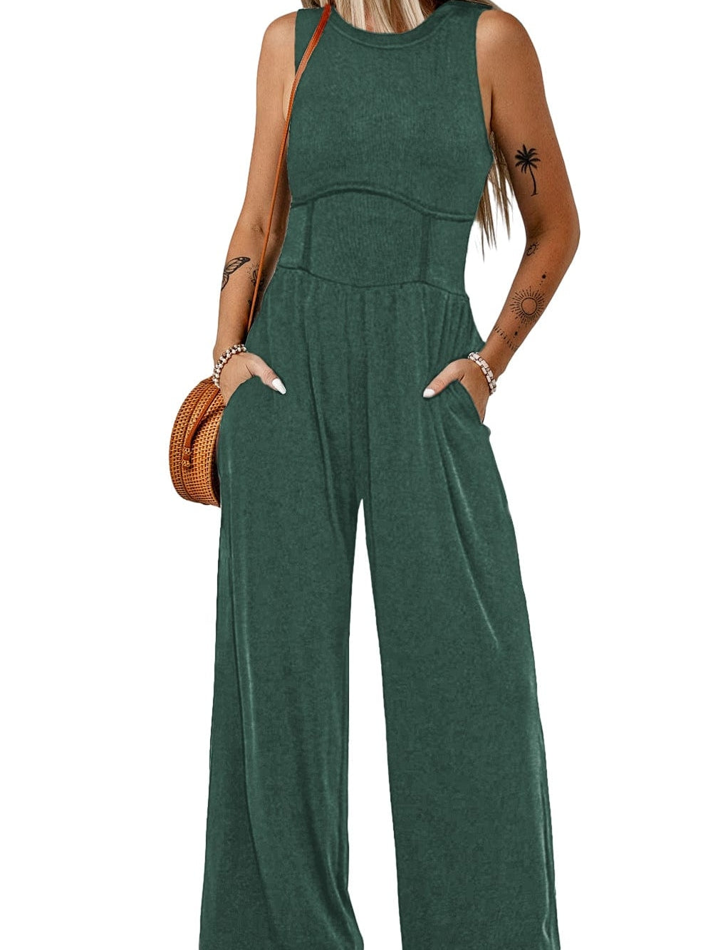 Green A-Line Cinched Waist Sleeveless Jumpsuit with Wide Leg