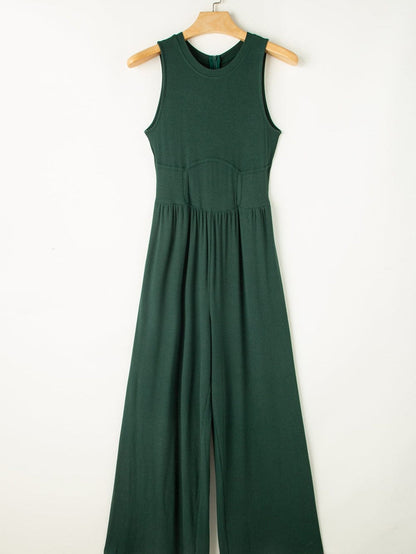 Green A-Line Cinched Waist Sleeveless Jumpsuit with Wide Leg